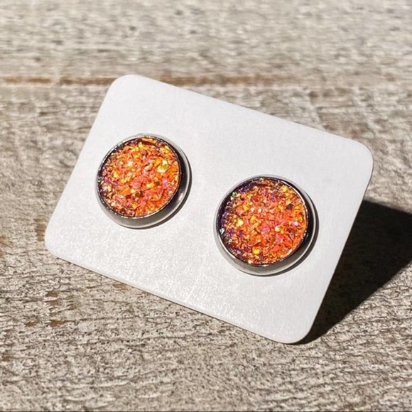 5/$25 Orange Druzy Silver Studs Earrings HOLIDAY EARRING SALE REDUCED SHIPPING! - Picture 3 of 15